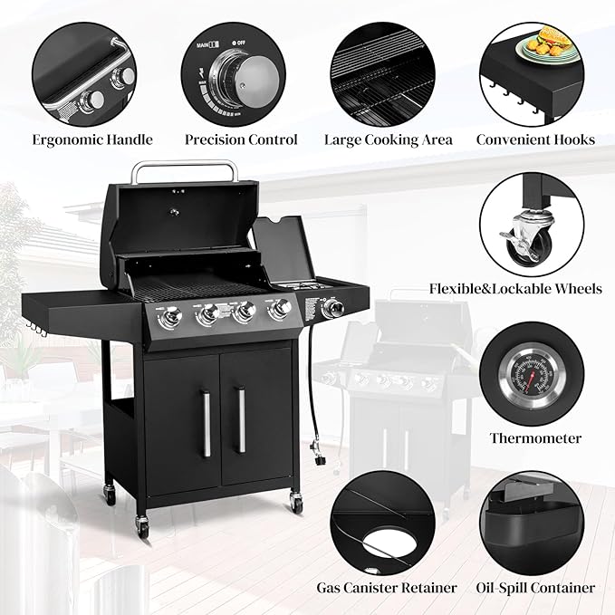 Bonnlo 4 Burner Propane Grills with Side Burner and Porcelain-Enameled Grates 58000BTU Gas Grill with Side Shelf and Portable Rolling Wheels Grill for Outdoor Cooking BBQ Patio Backyard