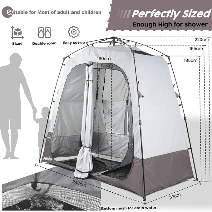 Camping Shower Tent Deluxe Changing Room Easy Set Up Privacy ShelterLarge Toilet Tent with Floor Drain Design for Beach CampingHiking with Stakes and Ropes for Stability