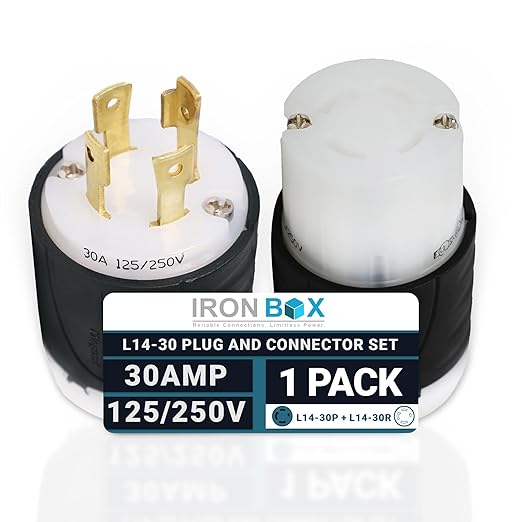 IronBox Electric L14-30P + L14-30R Generator Plug &amp Connector Set - 30A 125/250V 4-Prong for 7500W Generators - Twist Lock Adapter - UL Listed Electrical Connectors for Power Backup (Pack of 1)