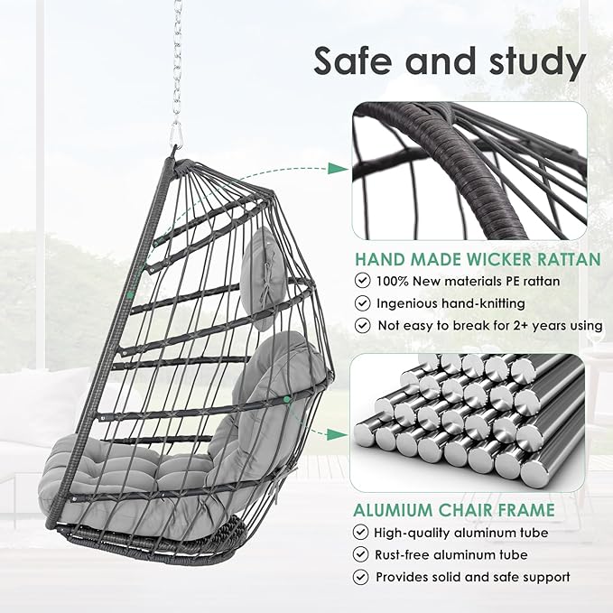 Hanging Egg Chair Without Stand - Foldable Indoor Outdoor Wicker Rattan Swing Egg Chair with Hanging Chain Hammock Chair - UV Resistant Cushions &amp Aluminum Frame for Bedroom Patio Camping (Grey)