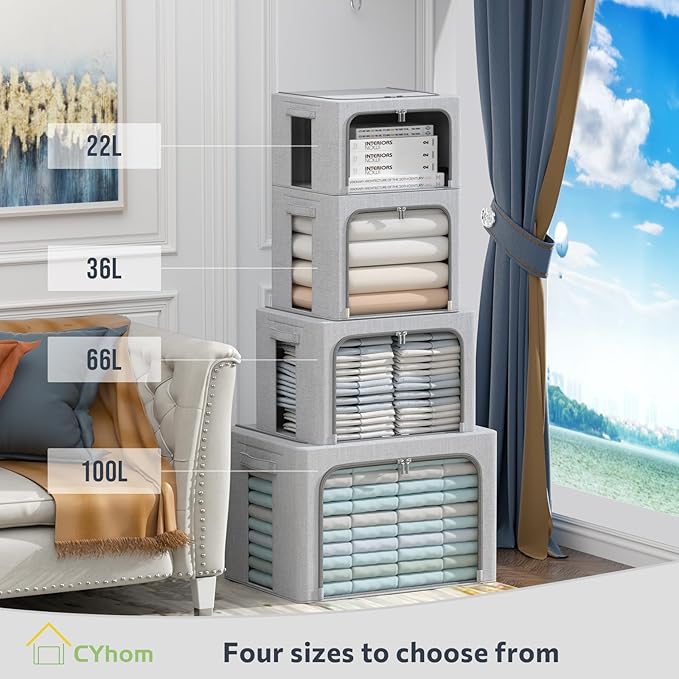 CYhom Clothes Storage Bins Box - Foldable Stackable Container Organizer Set with Clear Window &amp Carry Handles &amp Metal Frame - 2Pack Large Capacity for Bedding Blankets Books