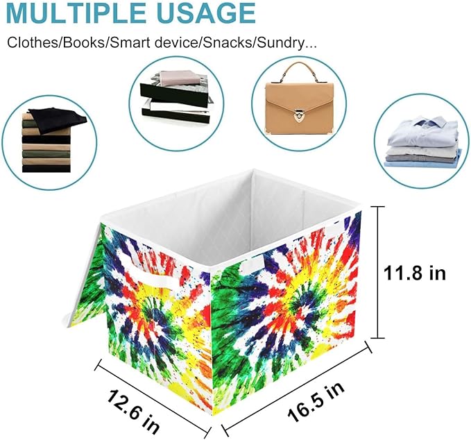 CaTaKu Large Fabric Storage Bins With LidsRainbow Tie Dye Storage Boxes With Handles for Organizing Clothes Collapsible Storage Cube Bins Baskets for Shelves