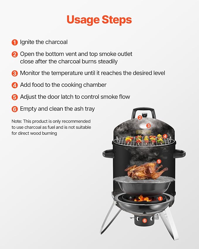 VEVOR Charcoal Smoker 16 Vertical Charcoal BBQ Grill Coated Steel Barbecue Smoker with 2 Grilling Grates Thermometer Air Vents &amp Removable Ash Tray Ideal for Backyard Patio Parties Cooking