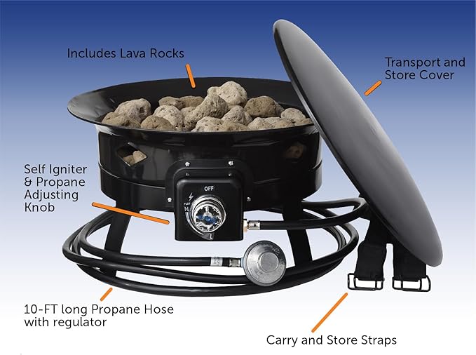 Flame King Smokeless Propane Fire Pit 19-inch Portable Firebowl 58K BTU with Self Igniter Cover &amp Carry Straps for RV Camping &amp Outdoor Living