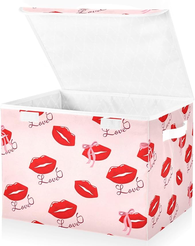Collapsible Storage Bins with Lids Red Lips with Love Foldable Fabric Organizer Baskets for Closet Home &amp Seasonal Decor 16.5x12.6x11.8 Inches