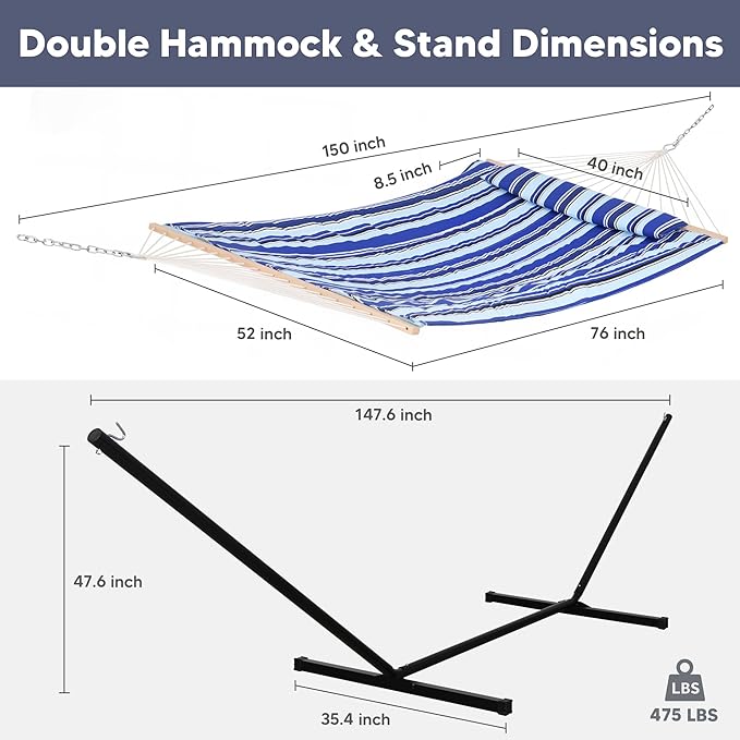 SUNCREAT Double Hammock with Stand Two Person Cotton Rope Hammock Blue Stripe
