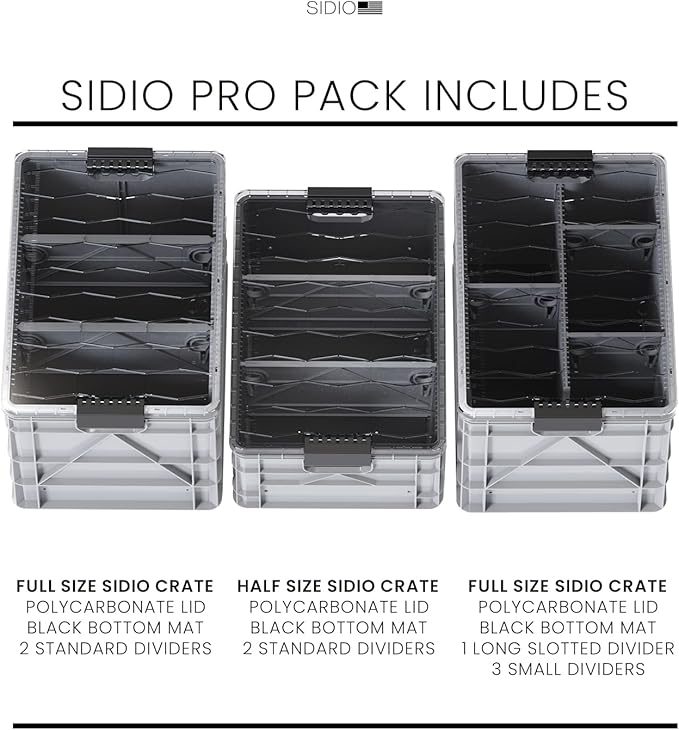 SIDIO CRATE Pro Pack - Two Full Size and One Half Size Heavy Duty Stackable Storage Bins Totes Containers with Lids and Dividers - Durable Organizer for Home Office Garage and Outdoor Use - Gray