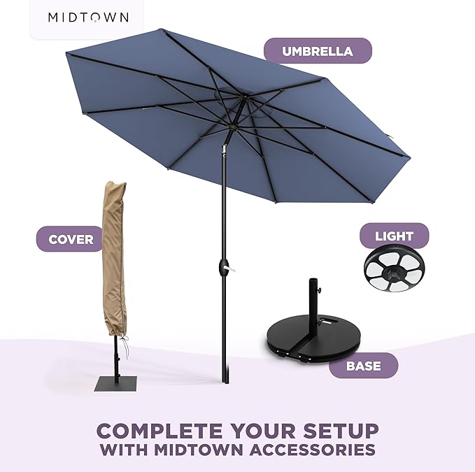 Midtown Umbrellas - 10-Year-No-Fade 10 Ft Patio Umbrella with Terylast Fabric Auto-Tilt Aluminum Frame and 8 Reinforced Ribs for Deck Pool Garden &amp Beach - Light Navy Canopy Black Pole