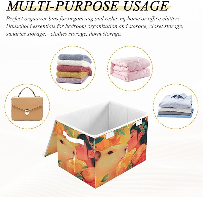 Storage Cube with Lid Capybara and Lady Print 16.5×12.6×11.8 IN Collapsible Large Capacity Foldable Storage Basket Bin Organizer