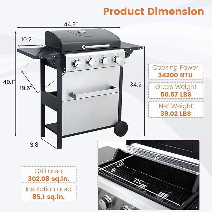 4-Burner Propane Gas BBQ Grill 34200BTU Stainless Steel Barbecue Grill With Wire Enamel Cooking Grids Foldable Side Table for Outdoor Camping (Style11: 4 Burner)