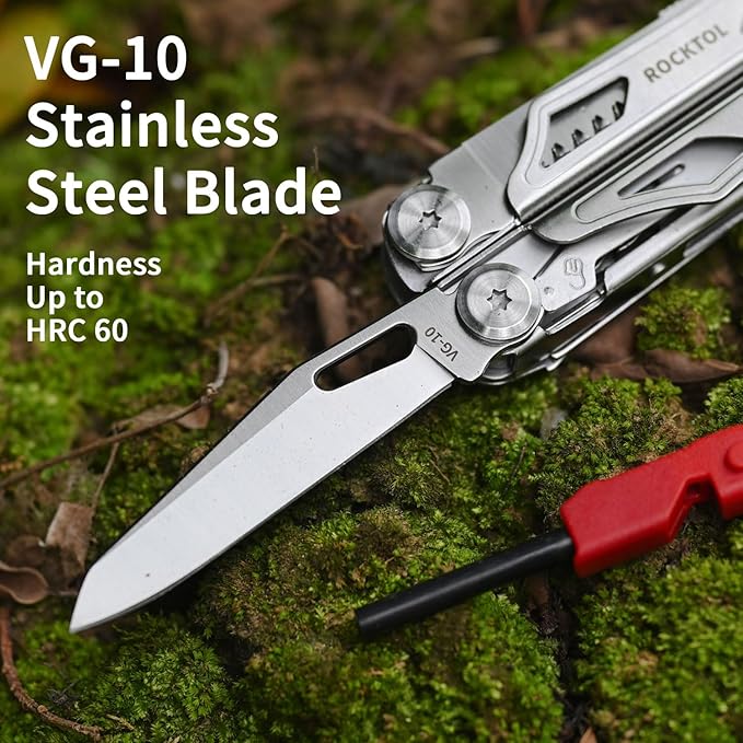 ROCKTOL Multitool SK04 VG-10 Blade 22-in-1 Multi-tool Pliers with Fire Starter Emergency Whistle Glass Breaker Safety Locking and Nylon Sheath for Survival Camping multi tool for men