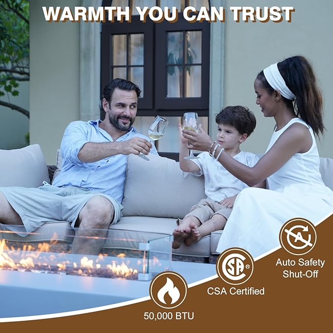 3-Piece Outdoor Propane Fire Pit Table Set – Premium Marble-Like MgO Finish 56-Inch Gas Fire Table with Tank Table &amp Glass Wind Guard for Patio Garden &amp Backyard Includes Rain Cover &amp L
