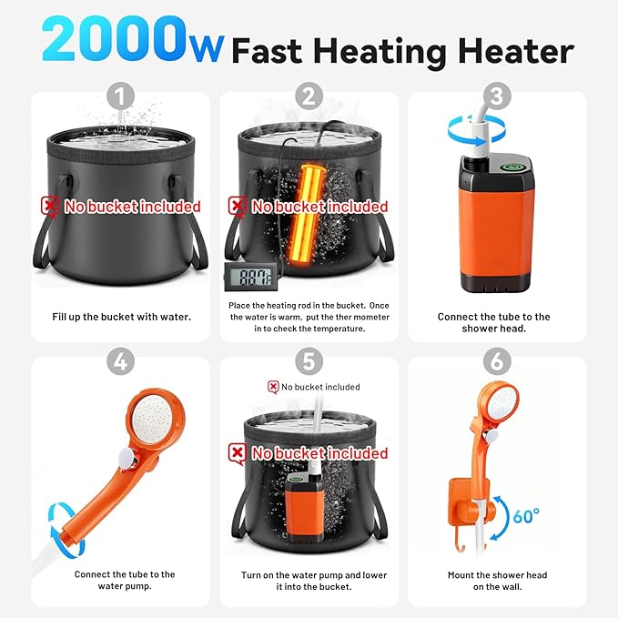 Camping Shower with Heater Portable – 6000mAh Rechargeable Hot Water Shower Pump with LED Display 3 Spray Modes for Outdoor Camping RV Pet Bath Car Wash Travel