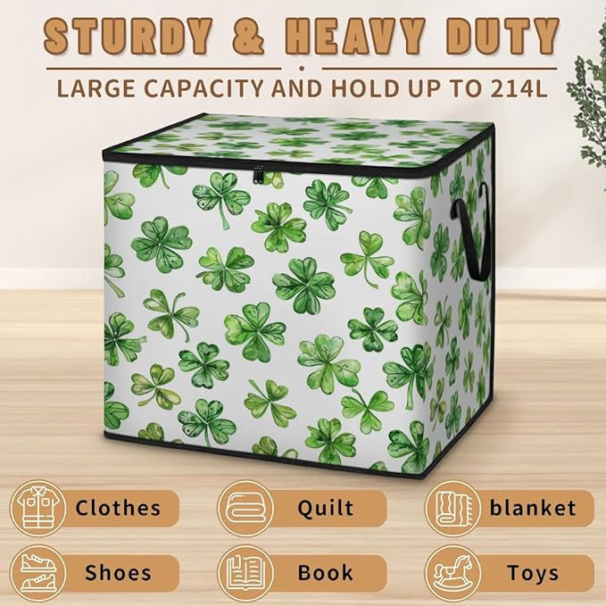 XL Large Clothes Storage with Lid Handle St.patrick's Day Large Thick Clothes Blanket Storage Containers for Organizing Bedroom Closet Comforter Green Shamrock Lucky Clover Leaf