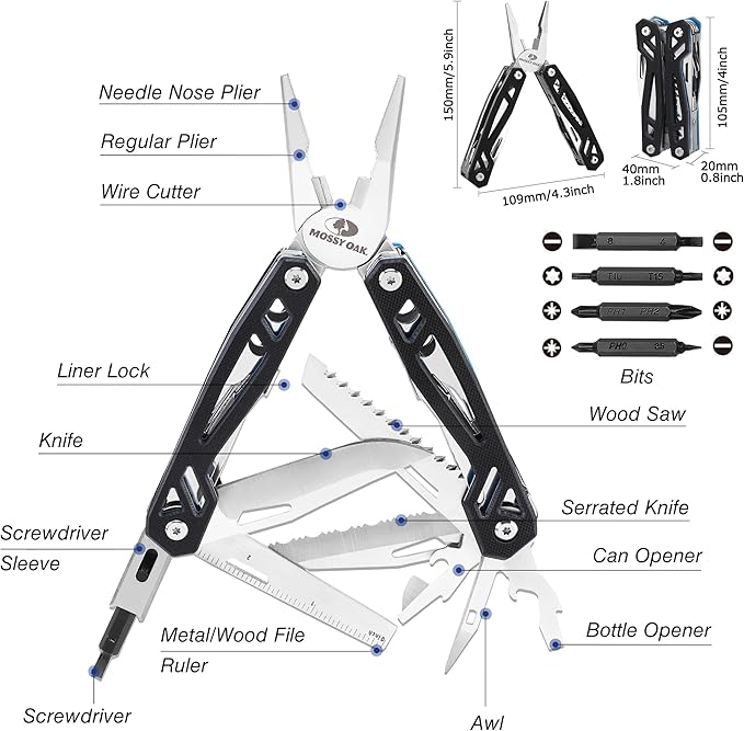 MOSSY OAK Multitool 21-in-1 Stainless Steel Pocket Knife with G10 Handle Screwdriver Sleeve Self-locking Pliers with Sheath-Perfect for Outdoor Survival Camping Hiking Simple Repair