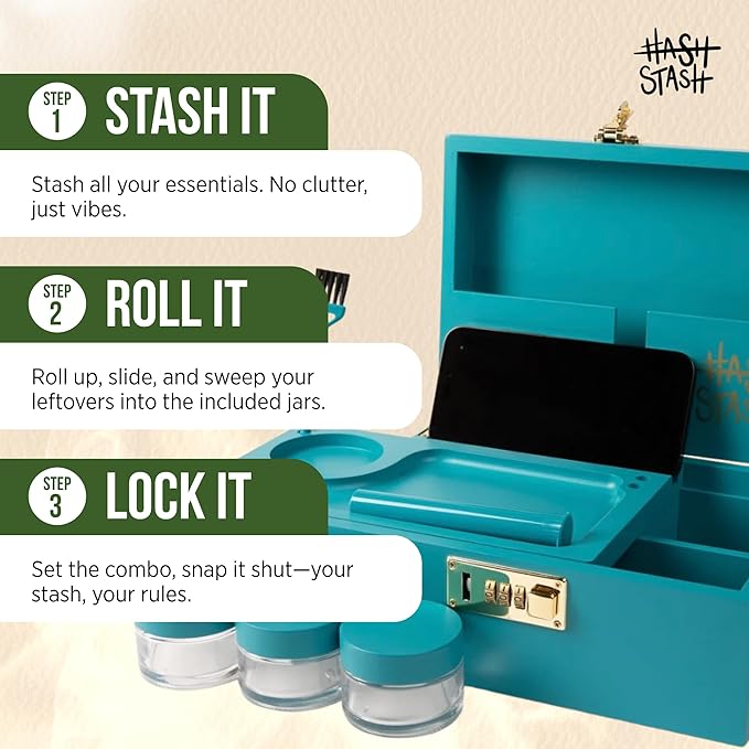 The OG Stash Storage Box - Large Bamboo Box with Combination Lock Magnetic Lid Organizer Tray 3 Jars Brush and Tube - Decorative Wooden Locked Storage Box with Accessories (Teal/Gold)