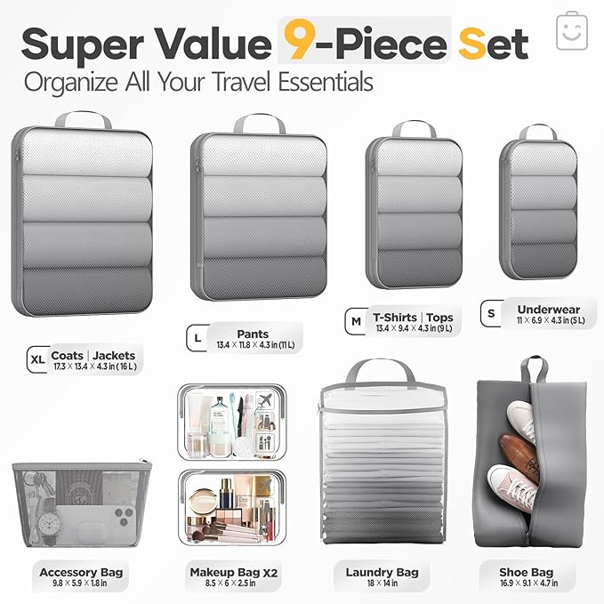 Veken 9/11 Set Compression Packing Cubes for Travel EssentialsCompressible Expandable Large Luggage Suitcase Organizer Bags for ClothingDurable Space Saver Storage Bags with Toiletry Bags(Gray)