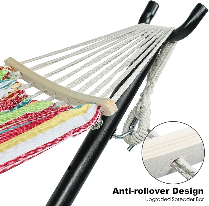 Gafete Double Hammock with Stand for Outside Upgraded Spreader Bar Heavy Duty Space Saving Steel Stand 2 Person Side Pockets Easy Assembly 600lbs Weight Capacity Indoor &amp Outdoor (Salsa Oran