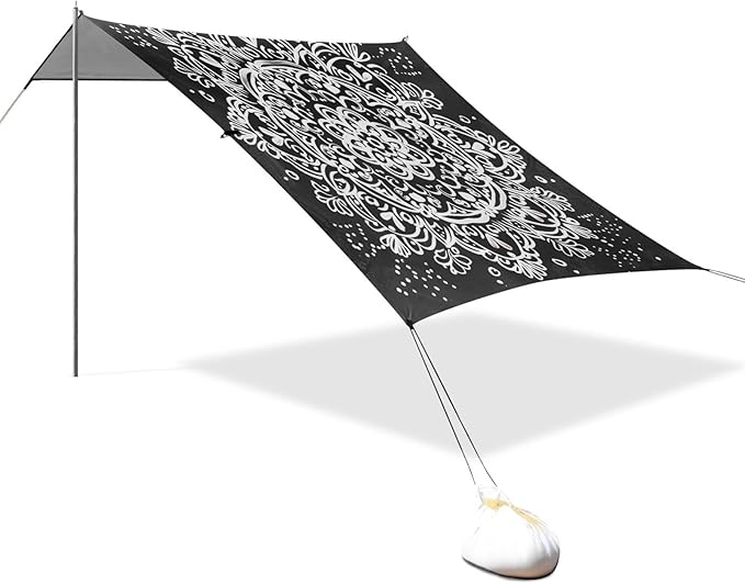 ALAZA White Graffiti Mandala Beach Tent Sun Shelter UPF50+ Protection Beach Shade Canopy w/ 4 Sandbags for Outdoor Camping Fishing Backyard Fun Picnic 10x9 ft