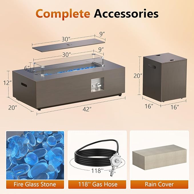 2-Piece 42 Rectangular Propane Fire Pit for Outside Patio with Hidden Tank Table 50000 BTU Fireplaces with Glass Wind Guard Lid Glass Rocks Cover(Sand Beige)