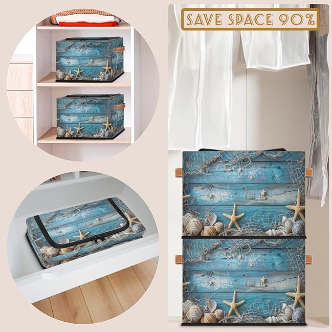 Beach Seashells Storage Bins with Zipper Lid Blue Wooden Fabric Lidded Storage Baskets Cubes with Handles Decorative Foldable Shelf Closet Organizer Container