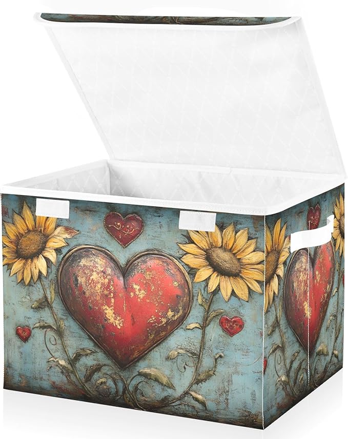 AIXIWAWA Lidded Storage Cube (Vintage Heart Valentine) Fabric Foldable Closet Bins with Flip Lid and Handles Organizer Basket Container 16.5 x 12.6 x 11.8 IN