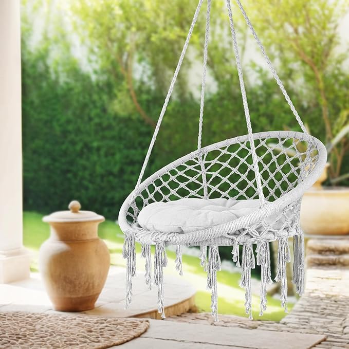 Hammock Chair Swing Cotton Rope Handwoven Hanging Chair 330 Pounds Capacity Tassels Hammock Swing for C-Hammock Stand Living Room Yard Garden Balcony (Grey)