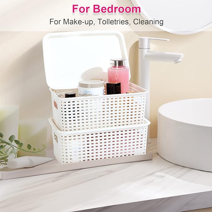 AREYZIN Plastic Storage Baskets With Lid Organizing Container Lidded Knit Storage Organizer Bins for Shelves Drawers Desktop Closet Playroom Classroom Office White 6 Pack