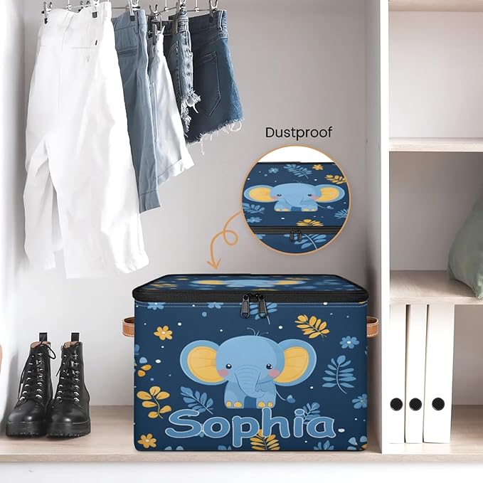 Custom Storage Basket with Name Personalized Storage Bins with Zipper Lid Foldable Fabric Storage Box Large capacity with Handle Elephant Flower Leaves