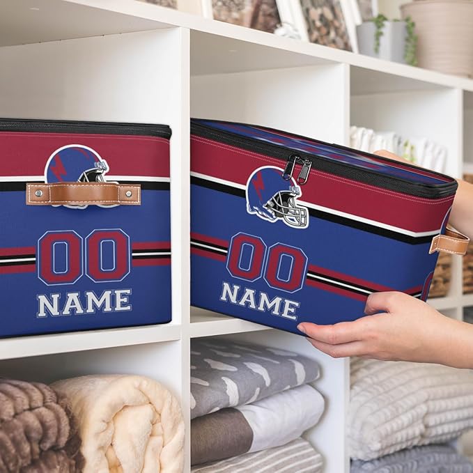 Custom Storage Bins with Zipper Lid Football Personalized Foldable Storage Baskets Closet Shelf Clothes Organizer Cube with PU Leather Handles