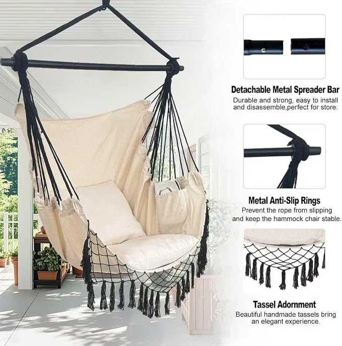 Hammock Chair Hanging Rope Swing ChairMax 450 Lbs Large Hanging Chair with Pocket 2 Cushions Removable Steel Bar Hardware Kit Included Sturdy and Comfortable for Indoor Outdoor (Beige)