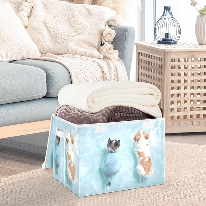 Storage Cube with Lid Swimming Dog Cat Print 16.5×12.6×11.8 IN Collapsible Large Capacity Foldable Storage Basket Bin Organizer