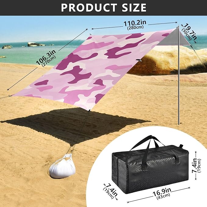 Blue Gray Beach Tent UPF50 Waterproof Portable Sun Shelter with Sandbags and Shovel for Backyard and Camping