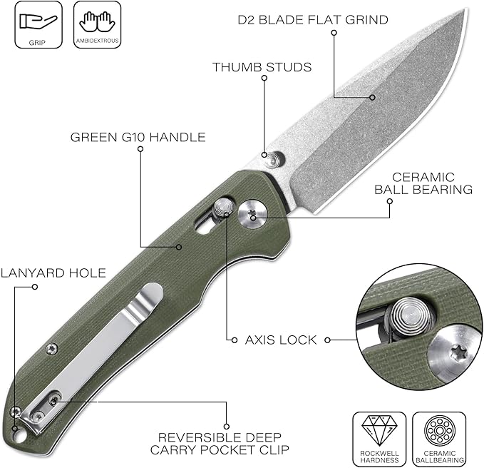 Dispatch Axis Lock Folding Pocket Knife with Clip 3.46 D2 Steel Drop Point Blade and G10 Handle Crossbar Lock EDC Pocket Knife for Men Women Hiking Camping Hunting Survival Knives
