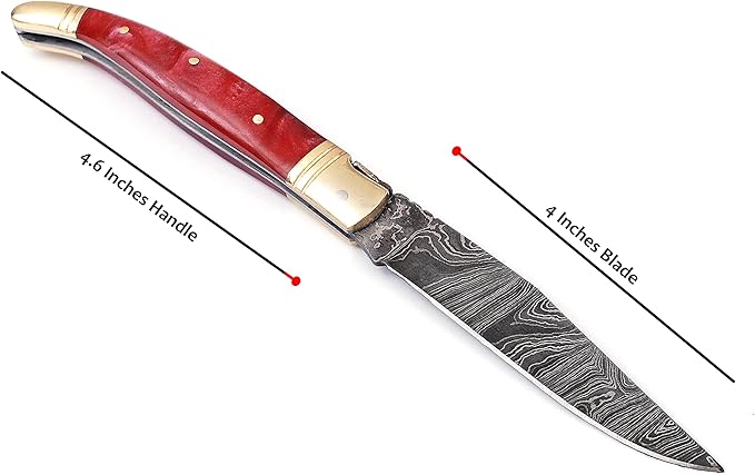 Damascus steel blade Laguiole style Folding knife by Damascus depot 8.5 Long with 4 hand forged custom twist pattern Blade. unshrinkable Resin scale exotic color with brass bolster and Pommel. Cow