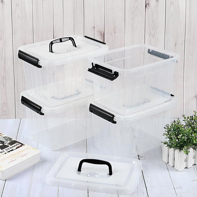 Wekioger 4 Pack 6 Quart Latching Box Clear Lidded Storage Bins Small Container with Handle