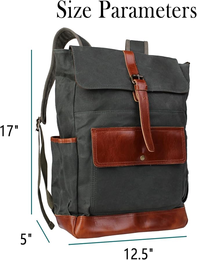 Heavy-Duty Wax Canvas with Top Layer Cowhide Retro Backpack Suitable for Men and Women'S Leisure/Hiking/Traveling/College Canvas Backpack(8431-Army Green)