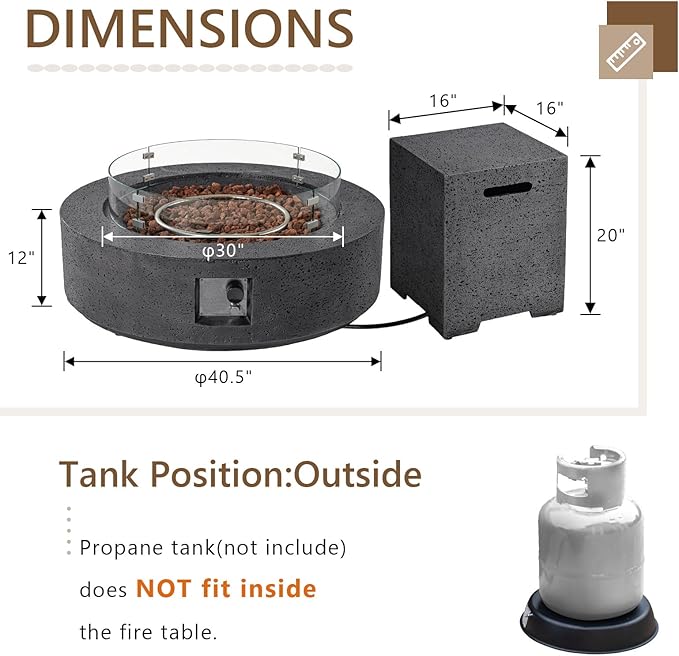 COSIEST 42 inch Outdoor Propane Fire Pit Coffee Table w Concrete Round Base Patio Heater Certified 50000 BTU Stainless Steel Burner Free Lava Rocks Rain Cover Wind Guard Tank Cover Gray