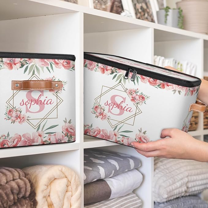 Custom Initials Storage Bins with Lid Foldable Personalized Storage Basket Boxes with Handle Pink Flower Shelf Basket Closet Organizer Cube