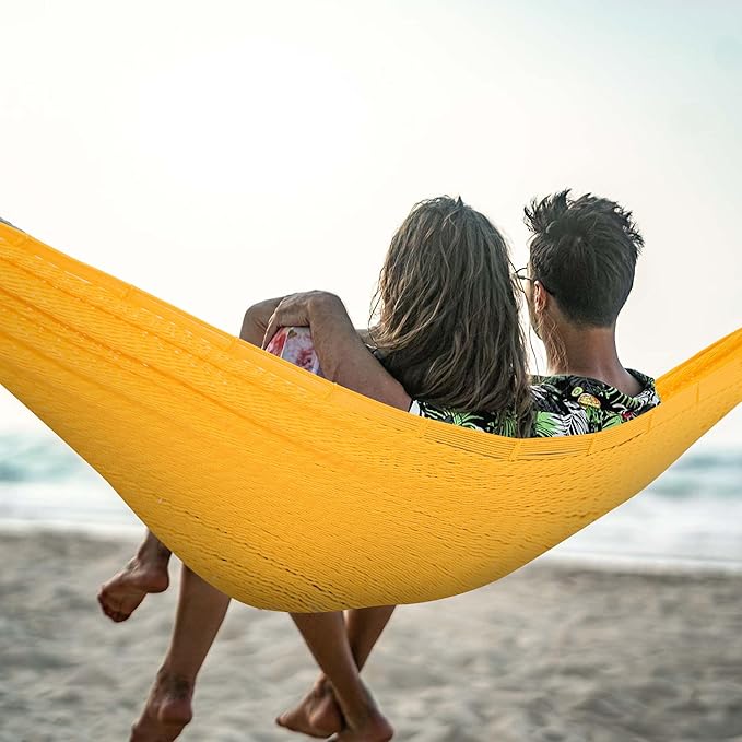 Lazy Daze Hammocks Handwoven Mayan Hammock 10.5 FT Soft Rope Double Hammocks Portable Outdoor Hammock with Carry Bag 2 Straps &amp Carabiners for Patio Outside 550 lbs Weight Capacity Yellow