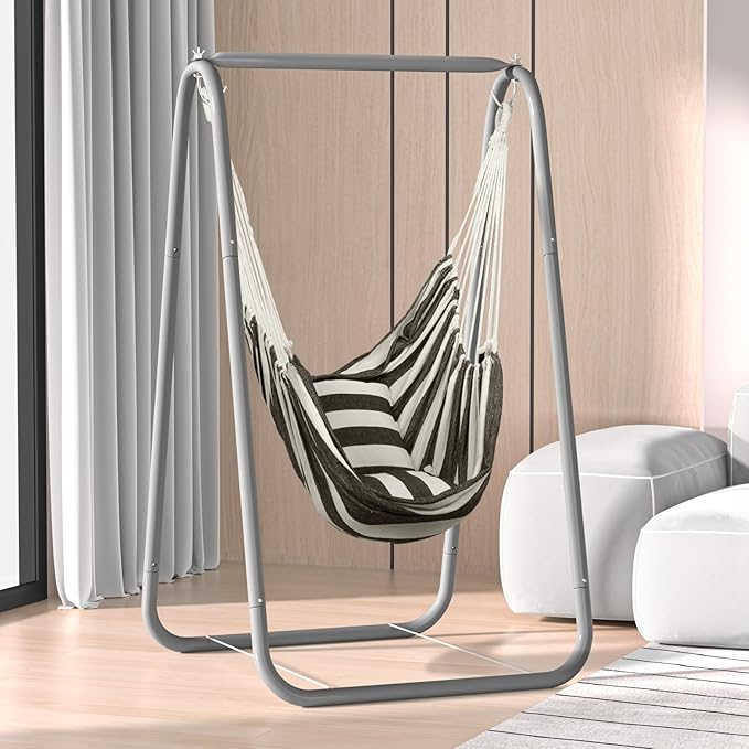 Hammock Chair Stand A-Frame Swing Stand for Indoor &amp Outdoor 220lbs Capacity Includes Pillow Powder-Coated Steel for Patio Garden Backyard(Included Hammock)