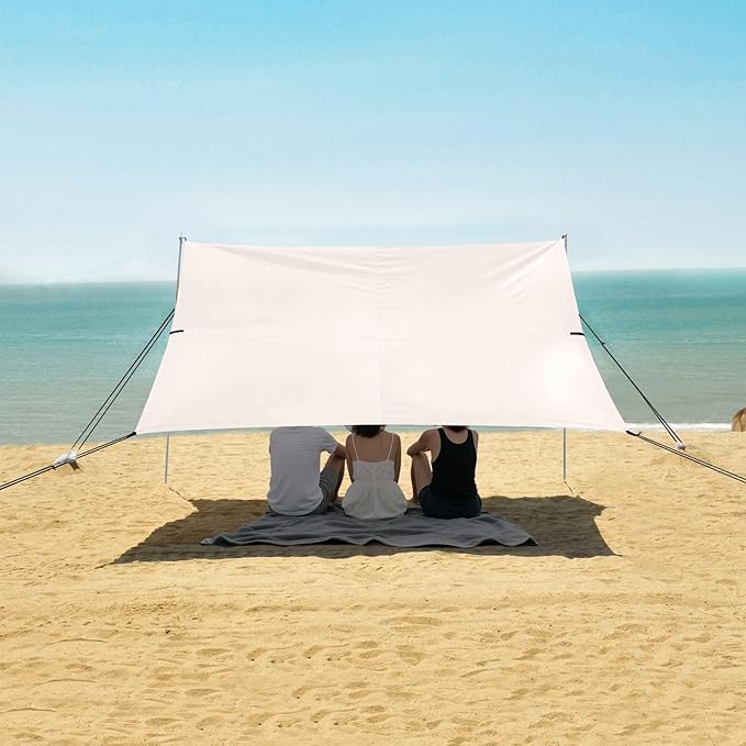 Sea Shell White Foldable Beach Tent UPF50 Lightweight Large Sun Shelter with Sand Shovel Sandbags for Camping Picnics Backyard