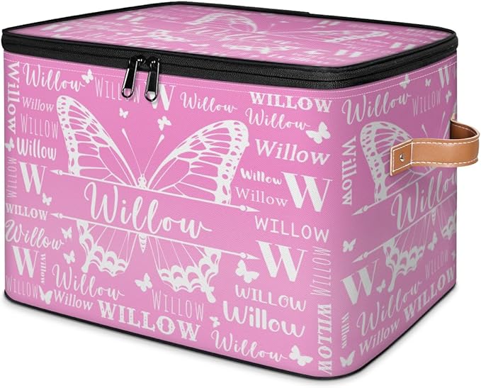 Custom Storage-Box With Name Personalized Butterfly Keepsake Basket with Zipper Lid for Kids Memory Bin Foldable Fabric Large Capacity Containers with Handle