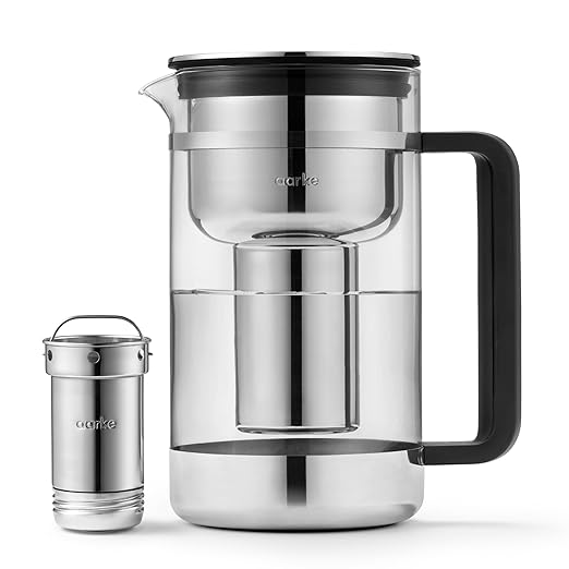 Aarke Purifier - Premium Glass and Stainless Steel Water Filter Pitcher Refillable Filter System and Granules 2.8L Pitcher with 1.66L Filtration Capacity