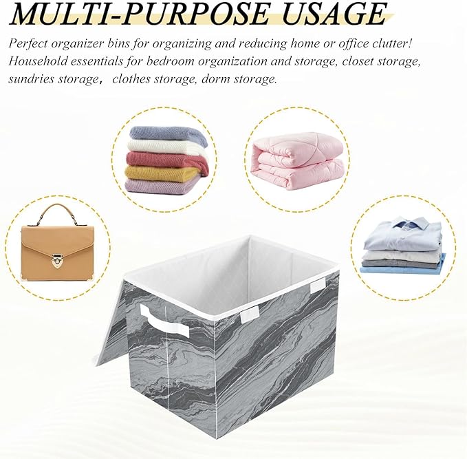 Storage Bins With Lid Stackable Fabric Closet Organizer Clothing Storage Large Boxes For Closet Shelves Bedroom Dark Grey Marble