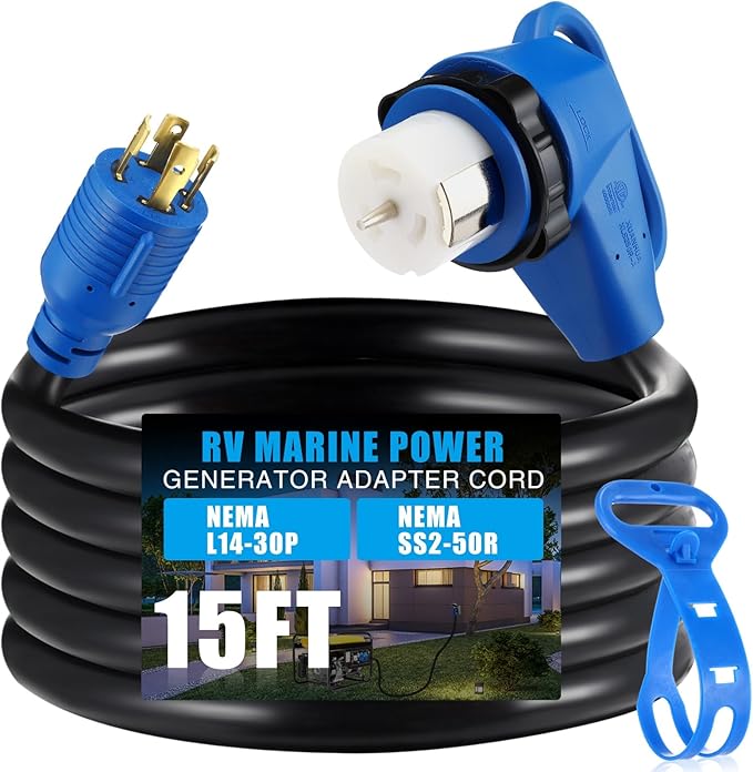 Kanayu 15FT NEMA L14-30P to SS2-50R RV Marine Power Generator Adapter Cord 30A 4 Prong Locking Generator L14-30P Male to 50A Marine Shore Power 90 Degree Right Angle SS2-50R Female ETL Listed