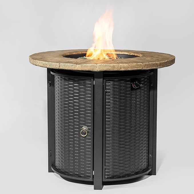 30'' Concrete Round Gas Fire Pit 50000 BTU Steel Outdoor Fire Tables Fire Table with Lid Add Warmth &amp Ambience to Gatherings and Parties On Patio Deck Garden Backyard.