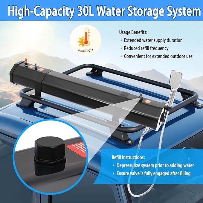 Portable Roof Rack Shower with Pressurized Water Tank Adjustable Shower Head and Hose for Off-Road Camping SUV Truck RV Overlanding and Outdoor Adventures 30L (7.9 gal)