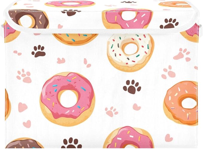 Collapsible Storage Bins with Lids Decorative Fabric Storage Cubes Closet Organizer and Storage Basket Boxes Containers for Clothes Box Chest Nursery Folding Rectangle Doughnuts Paw Prints Wh