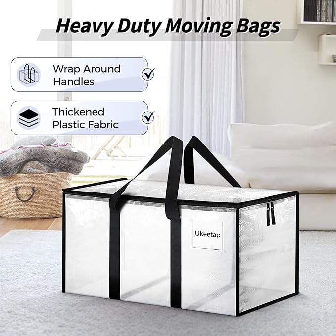 8 Pack Extra Large Heavy Duty Moving Bags Clear Storage Bins with Lids Reinforced Handles &amp Heavy-Duty Zippers Moving Boxes Storage Bags Totes for Clothes Packing Dorms College Supplies Clear